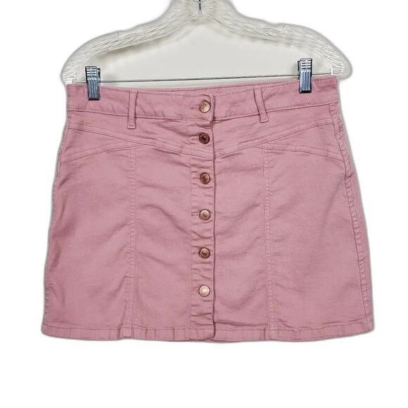 Forever 21 Denim Mini Skirt Women Size 29 Pink Button Up Cotton Copper Stretchy - Picture 1 of 9